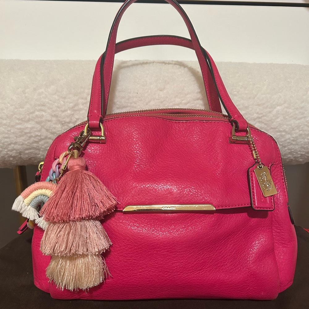 Coach Madison Pink Leather & Gold Crossbody strap & Colorful Tassel & Chain)